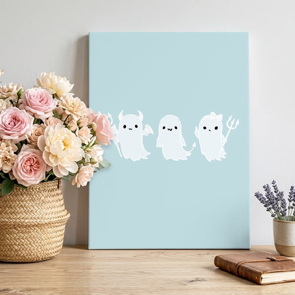 Halloween Canvas Wall Art, Blue Cartoon Line Spooky Devil Ghosts Minimalist Framed Canvas Wall Decor Picture Print Artwork Decorations for Living Room Office Ready to Hang 10" x 8"