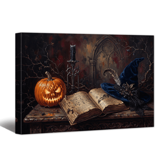 Halloween Canvas Wall Art with Candle Pumpkin Magic Hat Picture Wall Art, Spooky Scene Rustic Painting Vintage Painting for Living Room Bedroom Home Office Decor