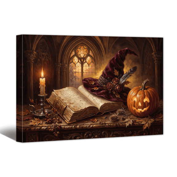 Halloween Canvas Wall Art with Candle Pumpkin Magic Hat Picture Wall Art, Spooky Scene Rustic Painting Vintage Painting for Living Room Bedroom Home Office Decor