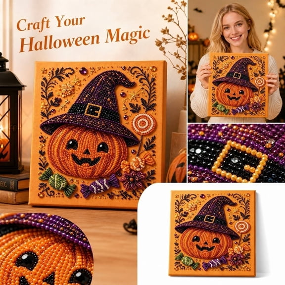 Halloween Canvas Wall Art, Halloween Diamond Art, Diamond Art Kit for Adults, 8X8 Inch Jack O Lantern Decor, Complete 1Pc Pumpkin Diamond Painting Canvas with 1Pc Full Tool Set