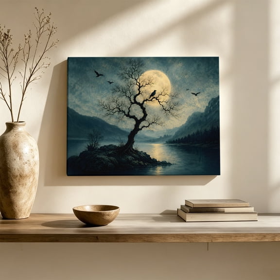 Halloween Canvas Wall Art, Lakeside Bare Tree Full Moon Landscape Oil Painting Wall Art Prints Artwork Framed Canvas Ready to Hang Art Pictures for Living Dining Room Bedroom Hallway 32" x 24"