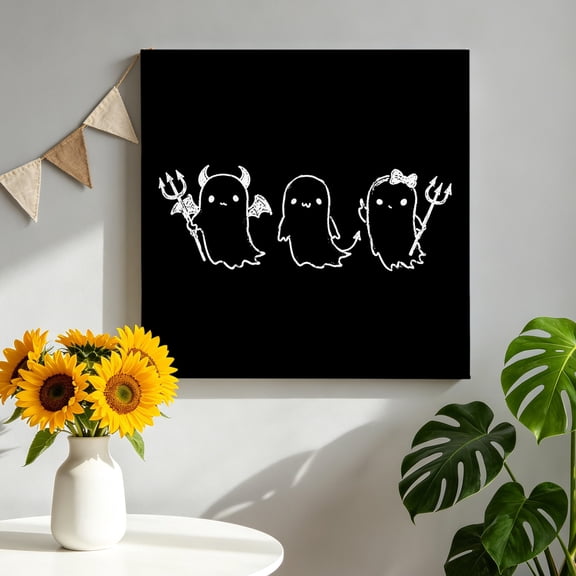 Halloween Canvas Wall Art for Living Room, Black Cartoon Line Spooky Devil Ghosts Minimalist Poster Print Painting for Bedroom Office Home Decoration Wall Pictures Prepare To Hang 10"x10"