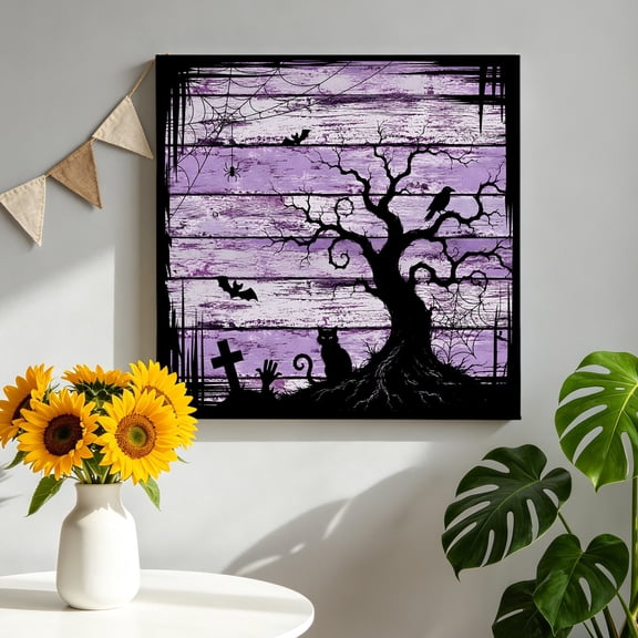 Halloween Canvas Wall Art for Living Room, Black Cat Goth Tree Silhouette Spiderwebs Purple Wood Grain Poster Print Painting for Bedroom Office Home Decoration Wall Pictures Prepare To Hang 10"x10"