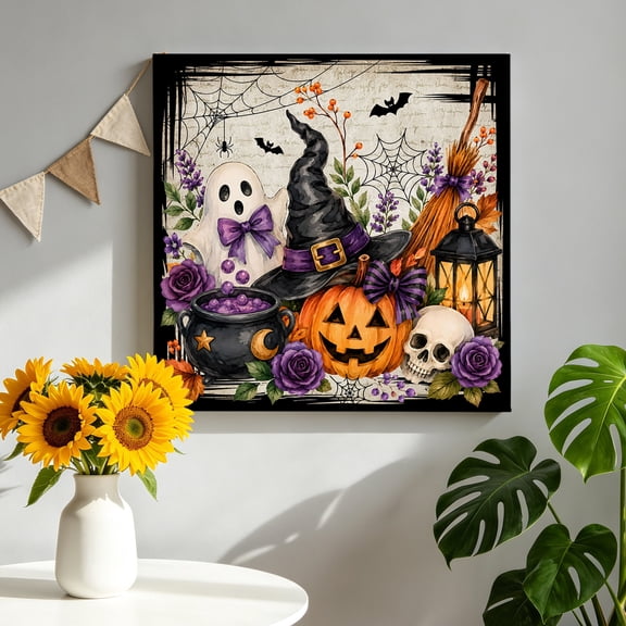 Halloween Canvas Wall Art for Living Room, Fall Vintage Ghosts Wizard Hats Spiderwebs Bubbling Potions Poster Print Painting for Bedroom Office Home Decoration Wall Pictures Prepare To Hang 10"x10"