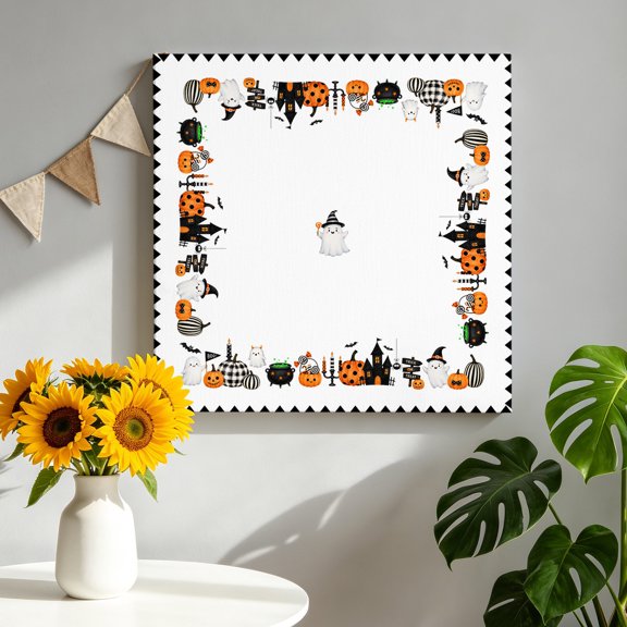 Halloween Canvas Wall Art for Living Room, Minimalist Cartoon White Ghosts Castles Carved Pumpkin Poster Print Painting for Bedroom Office Home Decoration Wall Pictures Prepare To Hang 8"x8"