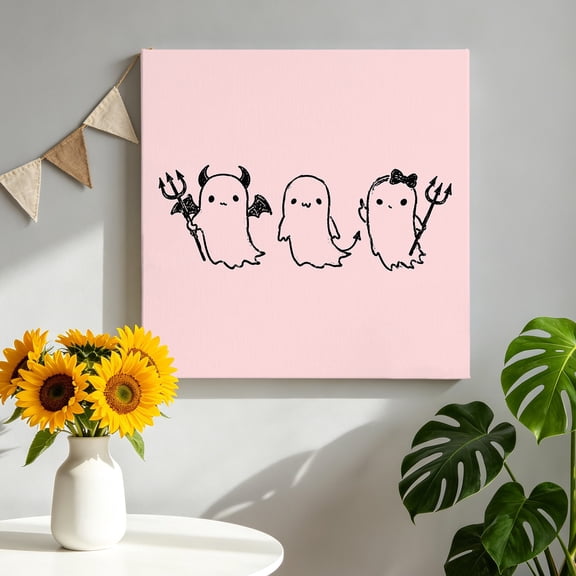 Halloween Canvas Wall Art for Living Room, Pink Cartoon Line Spooky Devil Ghosts Minimalist Poster Print Painting for Bedroom Office Home Decoration Wall Pictures Prepare To Hang 8"x8"