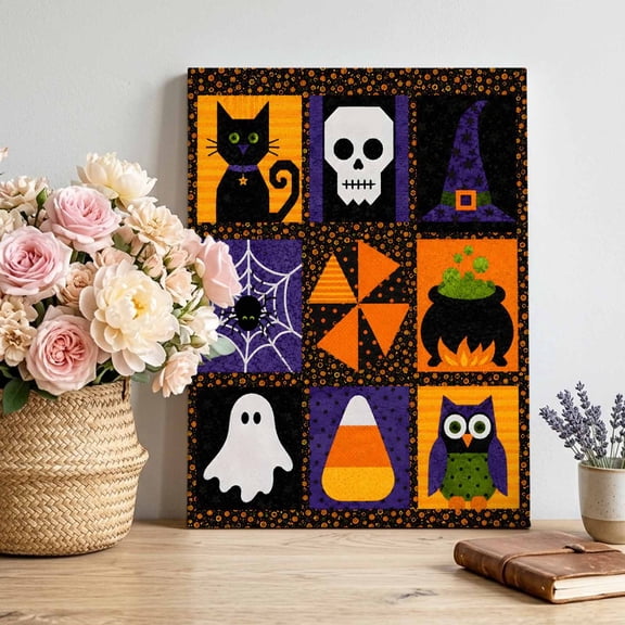 Halloween Canvas Wall Art for Living Room, Retro Spooky Black Cat Skull Witch Hat Spiderweb Candy Corn Poster Print Painting for Bedroom Office Home Decoration Wall Pictures Prepare To Hang 12"x12"