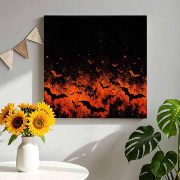 Halloween Canvas Wall Art for Living Room, Spooky Red Night Fire Clouds Darkness Black Bats Poster Print Painting for Bedroom Dining Room Balcony Decoration Wall Pictures Prepare To Hang 10"x10"