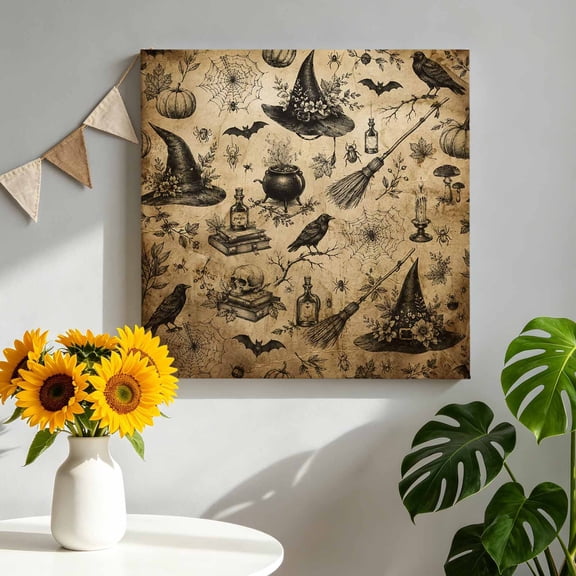 Halloween Canvas Wall Art for Living Room, Vintage Black Witch Hat Pumpkins Cobweb Broom Book Poster Print Painting for Bedroom Office Home Decoration Wall Pictures Prepare To Hang 10"x10"