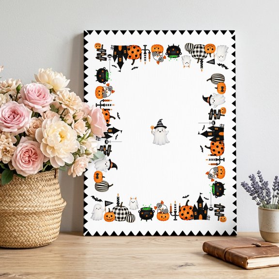 Halloween Canvas Wall Art, Minimalist Cartoon White Ghosts Castles Carved Pumpkin Framed Canvas Wall Decor Picture Print Artwork Decorations for Living Room Office Ready to Hang 24" x 16"