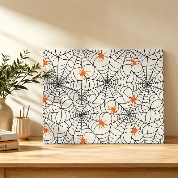 Halloween Canvas Wall Art, Minimalist Orange Creeper Black Cobweb Horror Beige Wall Art Prints Artwork Framed Canvas Ready to Hang Art Pictures for Bathroom Bedroom Entry Desk Corner 10" x 8"