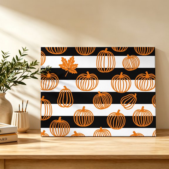 Halloween Canvas Wall Art, Orange Pumpkin Outlines Maple Leaf Black White Striped Wall Art Prints Artwork Framed Canvas Ready to Hang Art Pictures for Bathroom Bedroom Entry Desk Corner 10" x 8"