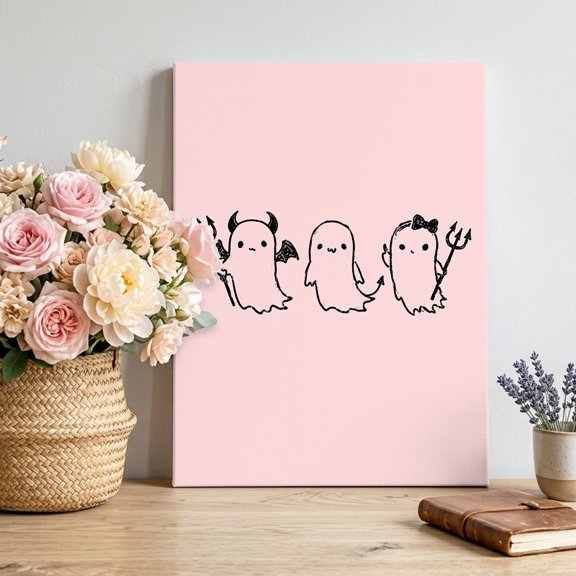 Halloween Canvas Wall Art, Pink Cartoon Line Spooky Devil Ghosts Minimalist Framed Canvas Wall Decor Picture Print Artwork Decorations for Living Room Office Ready to Hang 10" x 8"