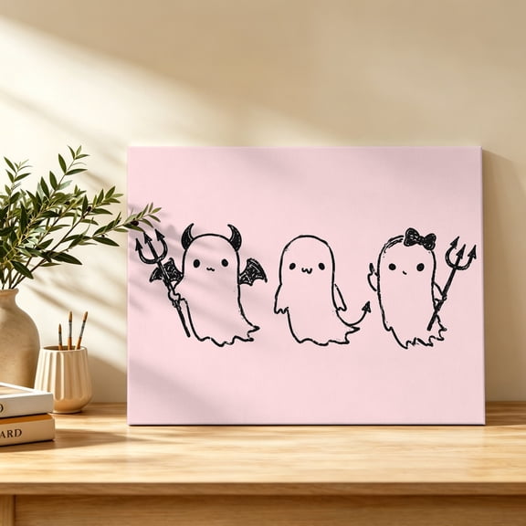 Halloween Canvas Wall Art, Pink Cartoon Line Spooky Devil Ghosts Minimalist Wall Art Prints Artwork Framed Canvas Ready to Hang Art Pictures for Bathroom Bedroom Entry Desk Corner 10" x 8"