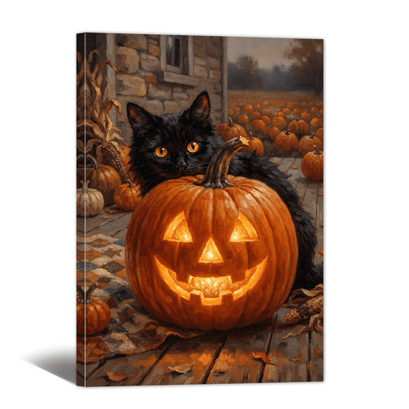 Halloween Canvas Wall Art with Pumpkin Lamp & Cute Black Cat Picture Print, Vintage Abstract Artwork Rustic Painting for Living Room Bedroom Home Office Decor