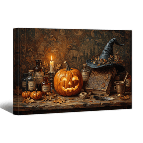 Halloween Canvas Wall Art with Retro Candle Pumpkin Magic Hat Image Print, Spooky Scene Rustic Vintage Artwork Painting for Living Room Bedroom Home Office Decor