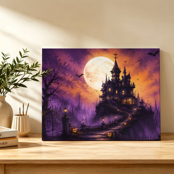 Halloween Canvas Wall Art, Spooky Haunted Castle Mist Forest Moon Dark night Wall Art Prints Artwork Framed Canvas Ready to Hang Art Pictures for Bathroom Bedroom Entry Desk Corner 10" x 8"