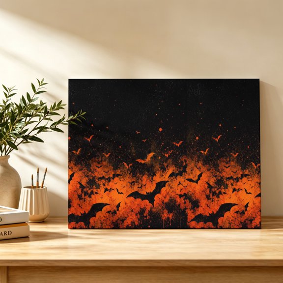 Halloween Canvas Wall Art, Spooky Red Night Fire Clouds Darkness Black Bats Wall Art Prints Artwork Framed Canvas Ready to Hang Art Pictures for Bathroom Bedroom Entry Desk Corner 10" x 8"