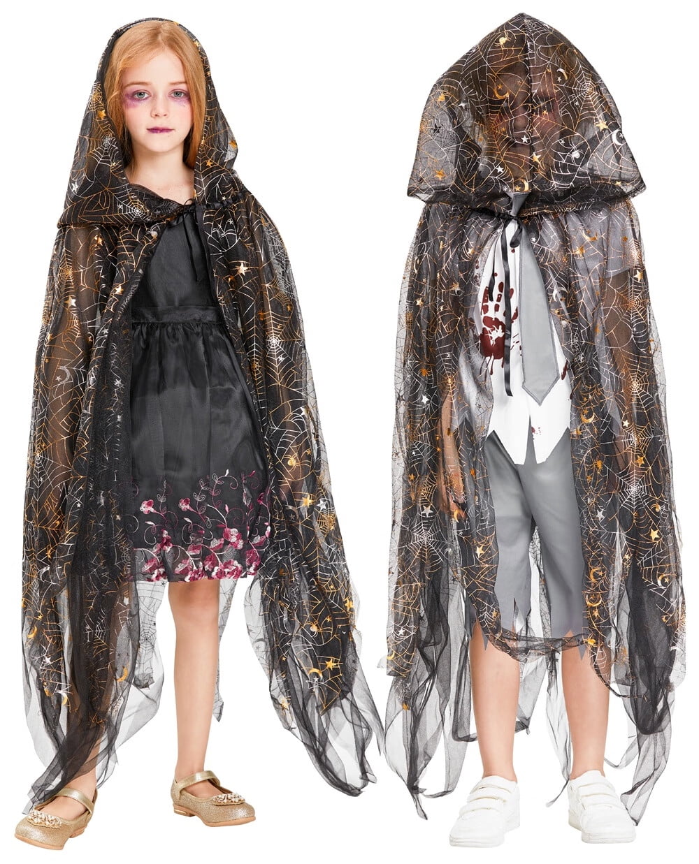 Halloween Capes for Kids Adult, Hooded Robe Cloak Black Lace Spider 