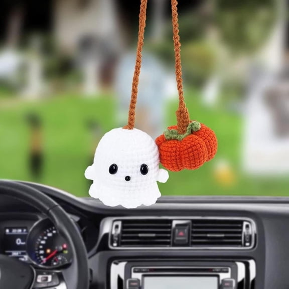 Halloween Car Accessories Hanging Ornament Crochet Pumpkin and Car Pendant for Car Rear View Mirror Interior Decoration