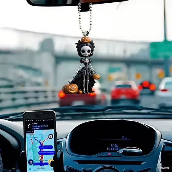 Halloween Car Hanging Ornament, Gothic Skeleton Witch Rear View Mirror Decor, Spooky Halloween Gift for Car Interior, Decorative Hanging Pendant for Halloween Party