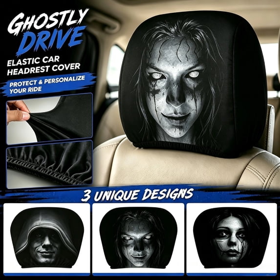 Halloween Car Headrest Cover, 2Pcs Scary Face Printing Car Seat Headrest Cover, 2026 Funny Face Masque Head Rest Protector for Auto Vehicle Truck