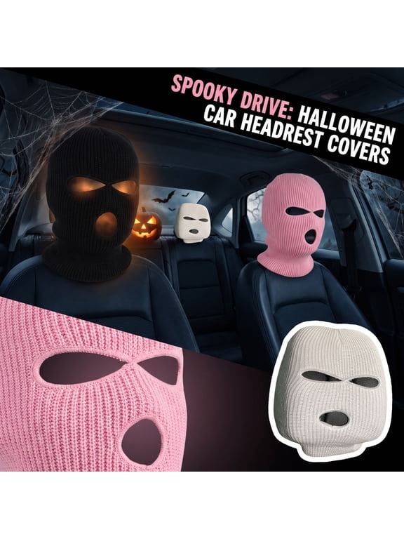 Halloween Car Headrest Cover, White Full Face Ski Mask, Acrylic Knit Cold Weather Headwear, Festive Mask for Parties & Outdoor Use, 14X6 Inch Breathable Wind-Resistant Car