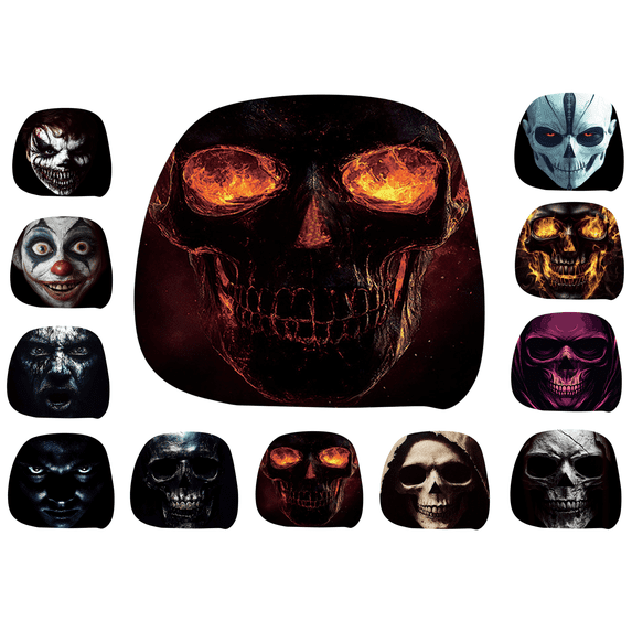 Halloween Car Headrest Covers Burning Skull, Cartoon Stretchy Seat Headrest Protector Soft Polyester Fabric with Funny Print for Auto Interior Decoration