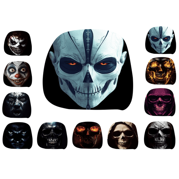 Halloween Car Headrest Covers Cyan Ritual Skull, Cartoon Stretchy Seat Headrest Protector Soft Polyester Fabric with Funny Print for Auto Interior Decoration