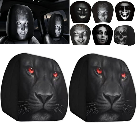 Halloween Car Headrest Covers Ghost Face 2 Pack, Cartoon Stretchy Seat Headrest Protector Soft Polyester Fabric with Funny Print for Auto Interior Decoration