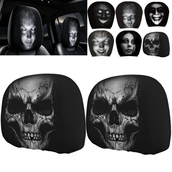 Halloween Car Headrest Covers Ghost Face 2 Pack, Cartoon Stretchy Seat Headrest Protector Soft Polyester Fabric with Funny Print for Auto Interior Decoration