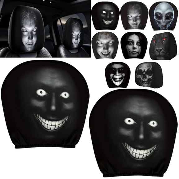 Halloween Car Headrest Covers Ghost Face 2 Pack, Cartoon Stretchy Seat Headrest Protector Soft Polyester Fabric with Funny Print for Auto Interior Decoration