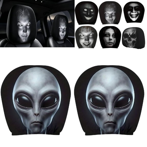 Halloween Car Headrest Covers Ghost Face 2 Pack, Cartoon Stretchy Seat Headrest Protector Soft Polyester Fabric with Funny Print for Auto Interior Decoration
