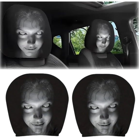 Halloween Car Headrest Covers Ghost Face 2 Pack, Universal Elastic Scary Seat Headrest Protector Soft Polyester Fabric with Funny Print for Auto Interior Decoration