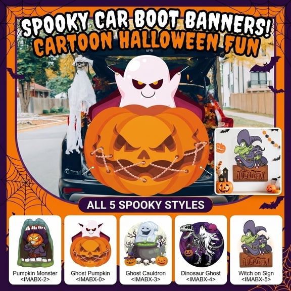 Halloween Car Trunk Bunting Flag, Cartoon Pumpkin Skeleton SUV Tailgate Banner, Washable Polyester Garage Door Hanging Sign, Spooky Trunk or Treat Community Party Vehicle Decoration