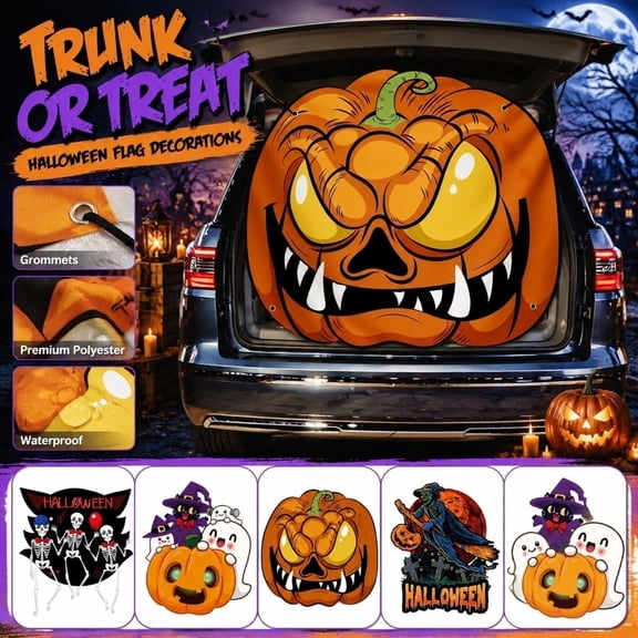 Halloween Car Trunk Bunting Flag, Polyester Skeleton Pumpkin SUV Tailgate Banner, Waterproof Garage Door Hanging Backdrop, Spooky Trunk or Treat Community Party Vehicle Decoration