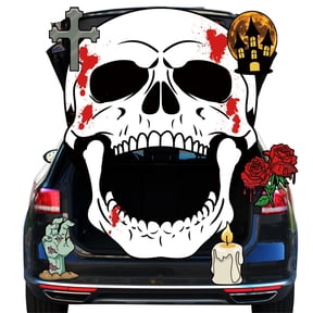Halloween Car Trunk Decoration Kit with Large Scary Skull, Bloody Accents, Haunted House, Cross, Roses, Candle and Zombie Hand Decals for Trunk or Treat Parties and Outdoor Halloween Events