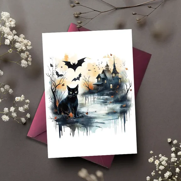 Halloween Card Featuring Black Cat and Haunted House - Spooky Design with Envelope Included, Blank Inside for Personalized Messages