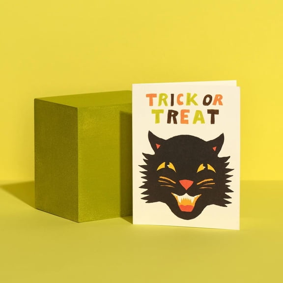Halloween Card - Trick or Treat Black Cat Design  Blank Inside, Envelope Included  Perfect for Spooky Greetings, Parties, or Invitations