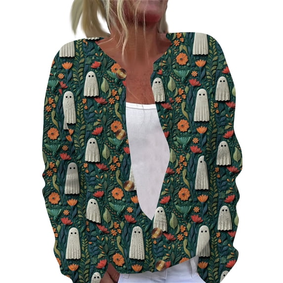 Halloween Cardigan Sweaters for Women Cute Cartoon Ghost Womens Sweaters Cardigan Knit Button Down Cropped Long Sleeve Fall Fashion Comfy Tunic Sweater Green 2XL