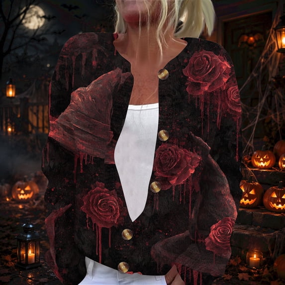Halloween Cardigan Sweaters for Women Cute Halloween Party Graphic Womens Sweaters Cardigan Knit Button Down Cropped Long Sleeve Fall Winter Holiday Soft Sweatshirt Tops Hot Pink XL