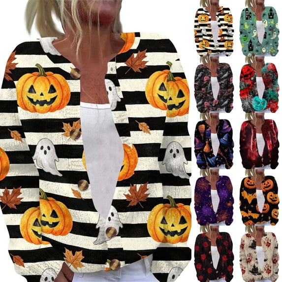 Halloween Cardigan Sweaters for Women Cute Halloween Pumpkin Womens Sweaters Cardigan Open Knit Utton Down Cropped Long Sleeve Fall Winter Trendy Plus Size Tunic Sweater Orange L