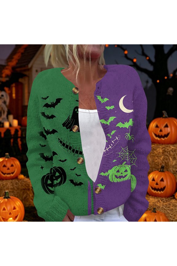 Halloween Cardigan Sweaters for Women Funny Pumpkin Bat Womens Sweaters Cardigan Knit Button Down Cropped Long Sleeve Fall Trendy Soft Cardigan Sweaters Green L