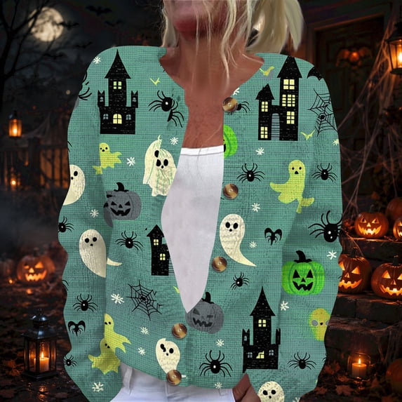 Halloween Cardigan Sweaters for Women Novelty Cartoon Ghost Womens Sweaters Cardigan Button Knit Cropped Long Sleeve Fall Winter Trendy Plus Size Cardigan Sweaters Green L