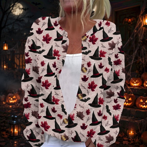 Halloween Cardigan Sweaters for Women Novelty Halloween Party Graphic Womens Sweaters Cardigan Knit Button Down Cropped Long Sleeve Fall Winter Holiday Comfy Cardigan Outwear Watermelon Red XL