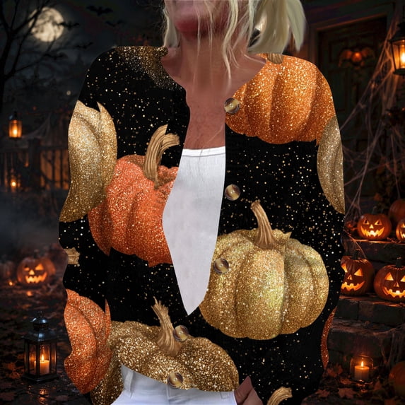 Halloween Cardigan Sweaters for Women Novelty Halloween Pumpkin Womens Cardigan Sweaters Knit Button Up Cropped Long Sleeve Fall Fashion Comfy Tunic Sweater Orange 4XL
