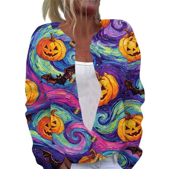 Halloween Cardigan Sweaters for Women Novelty Halloween Pumpkin Womens Cardigan Sweaters Knit Button Down Cropped Long Sleeve Fall Fashion Plus Size Cardigan Outwear Purple Pink 5XL