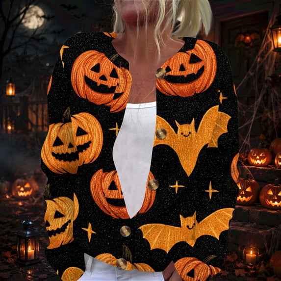 Halloween Cardigan Sweaters for Women Novelty Halloween Pumpkin Womens Cardigan Sweaters Open Knit Utton Down Cropped Long Sleeve Fall Holiday Plus Size Tunic Sweater Yellow XL