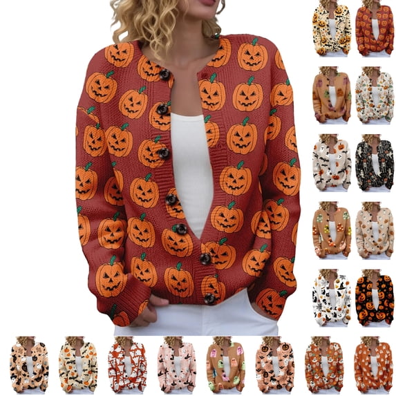 Halloween Cardigan Sweaters for Women Novelty Pumpkin Womens Cardigan Sweaters Button Knit Cropped Long Sleeve Fall Winter Holiday Plus Size Cardigan Sweaters Hot Pink S