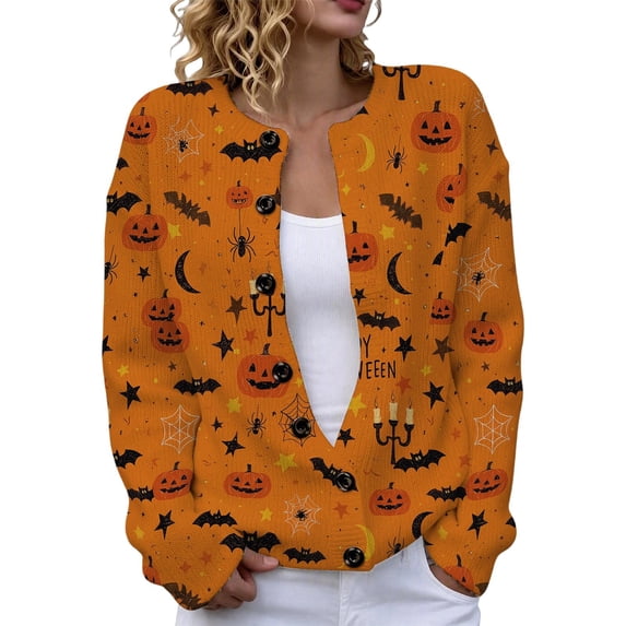 Halloween Cardigan Sweaters for Women Button Open Front V Neck Knit Vintage Print Funny Christmas Cardigan Sweater Fall Winte Drop Shoulder Sweater